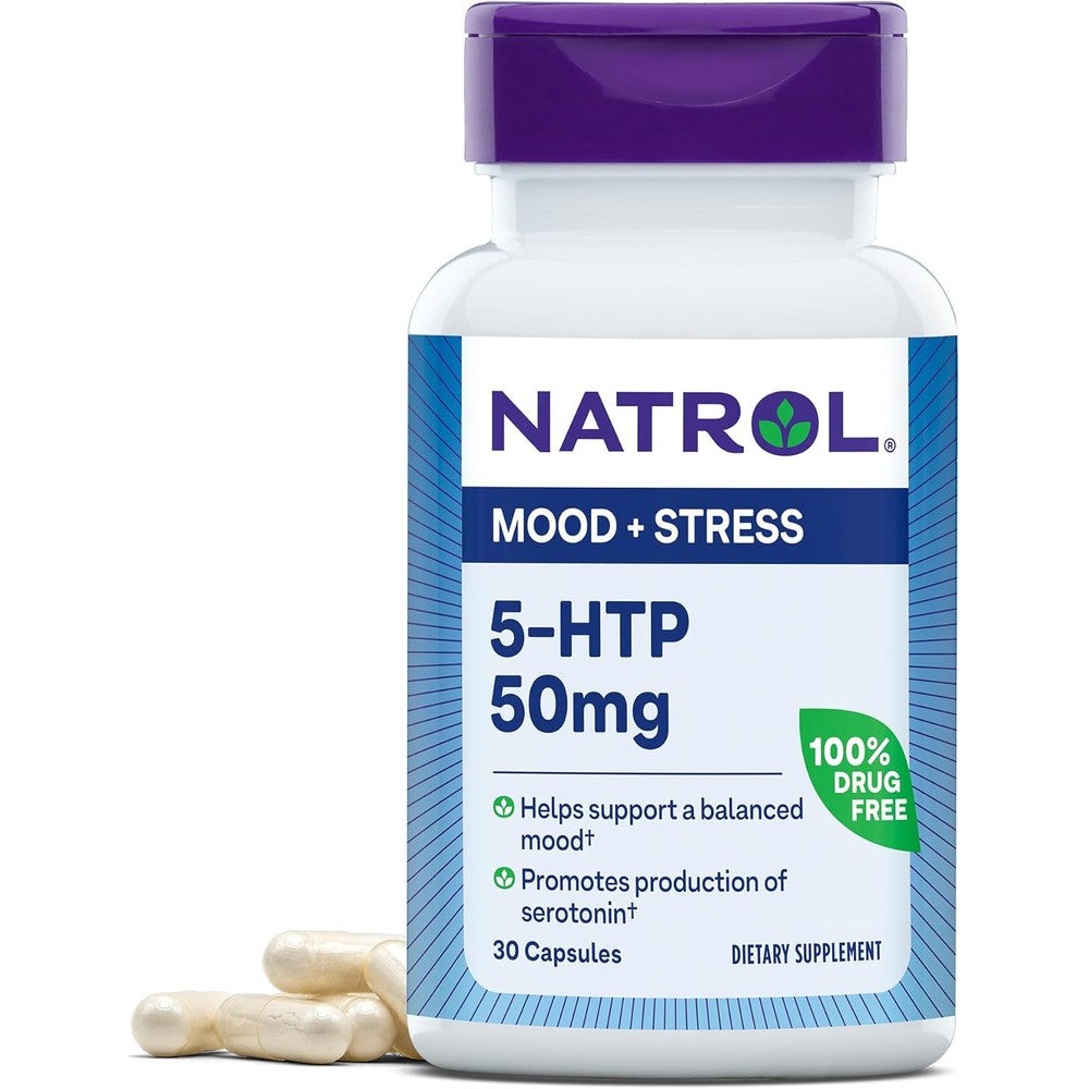 Natrol Mood & Stress 5-HTP 50mg, Dietary Supplement Helps Support a Balanced Mood, 30 Capsules, 7-30 Day Supply