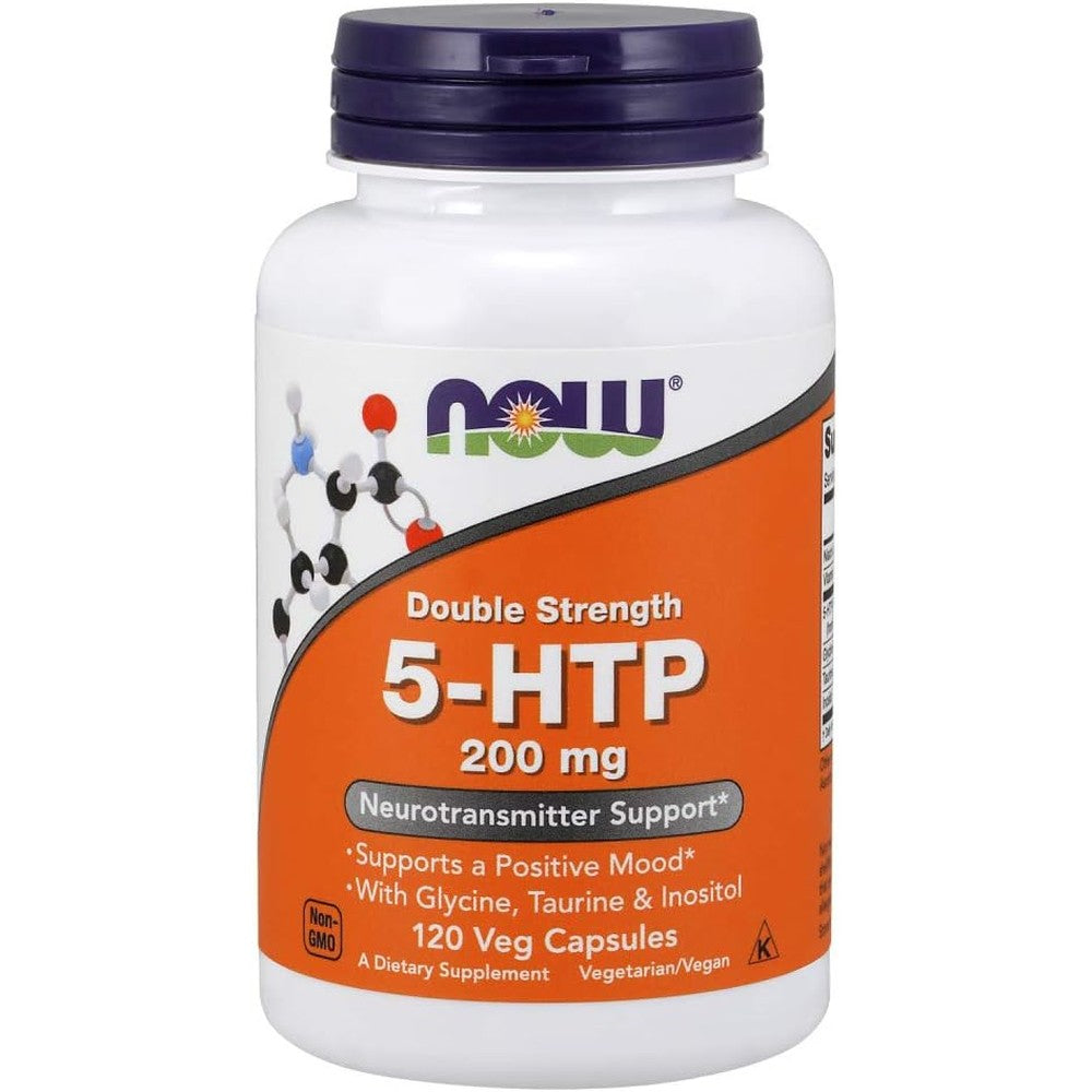Now Foods Double Strength 5-HTP 200 mg 120 Vegetable Capsules front bottle view for mood support.
