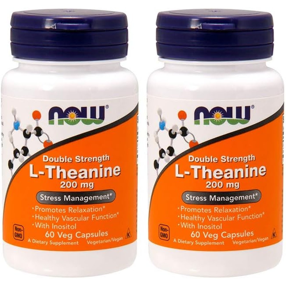 NOW Foods L-Theanine 200 mg 60 vegetable capsules 2 pack front view for stress relief.