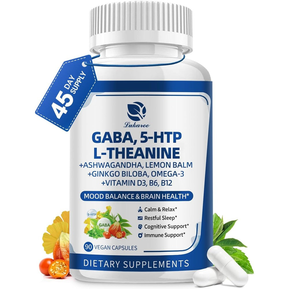 Lukaree GABA 750mg 90 capsules front bottle view for stress relief.