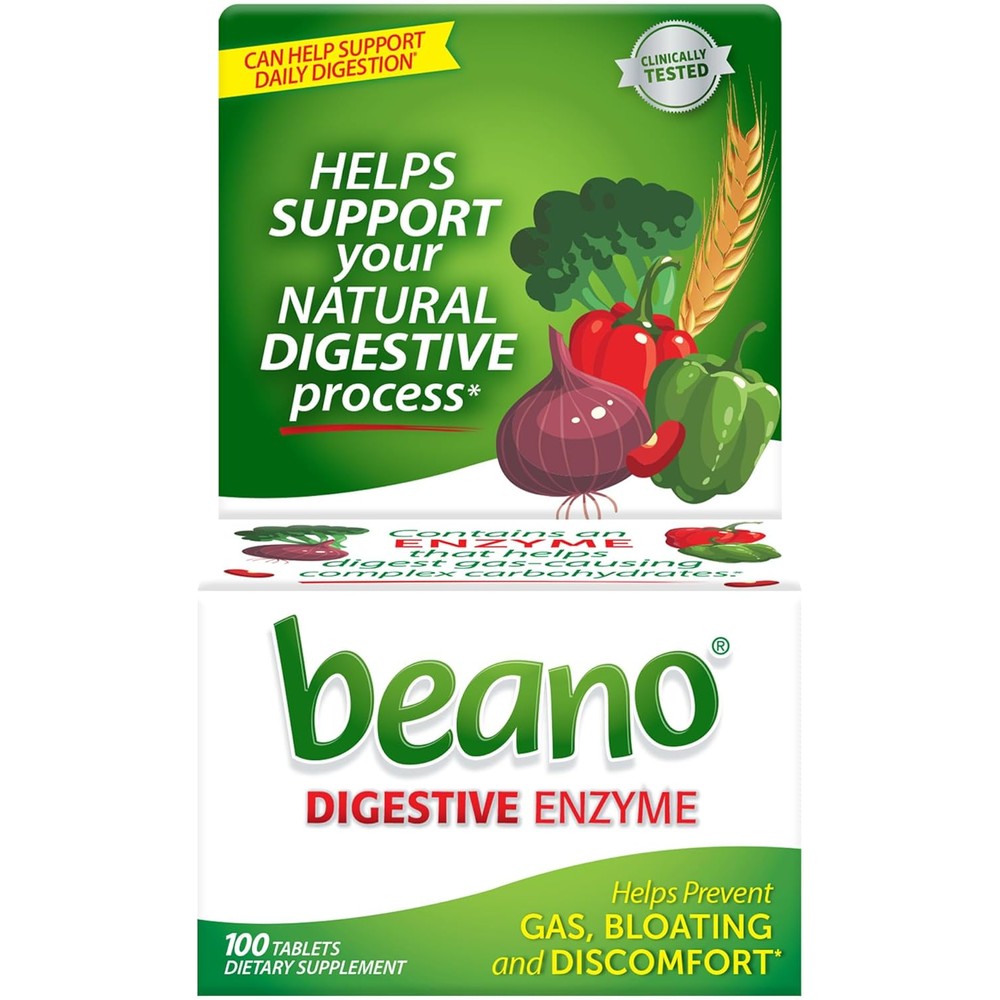 Beano digestive enzyme preventive gas relief 100 tablets front packaging view
