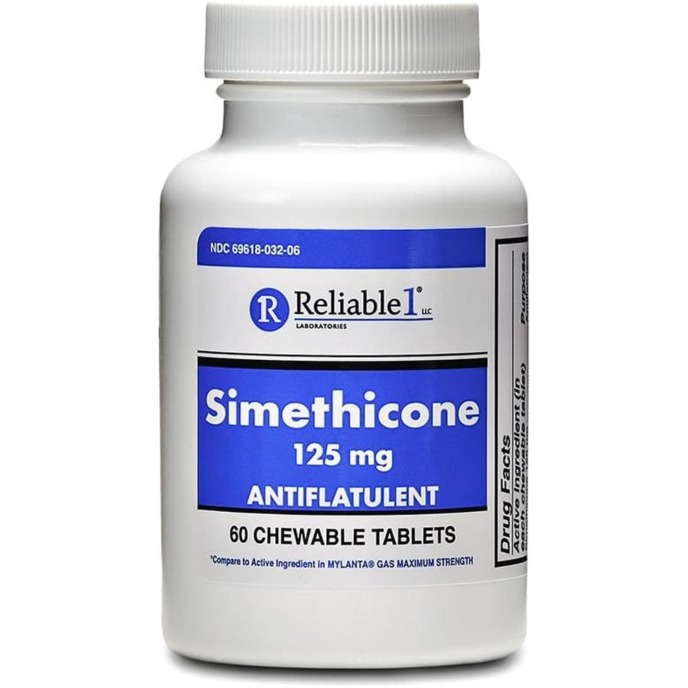 Reliable-1 Laboratories Simethicone 125mg Gas Relief Tablets front view bottle for bloating remedy