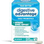 Digestive Advantage Intensive Bowel Support 96 Capsules front packaging showing daily probiotic benefits.