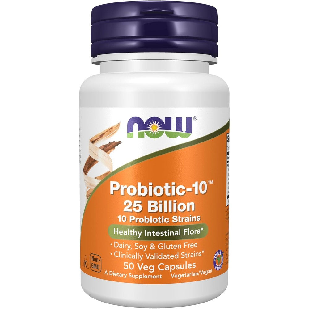 Now Foods Probiotic-10 25 Billion 50 Vegetarian Capsules front view showing supplement bottle for gut health.