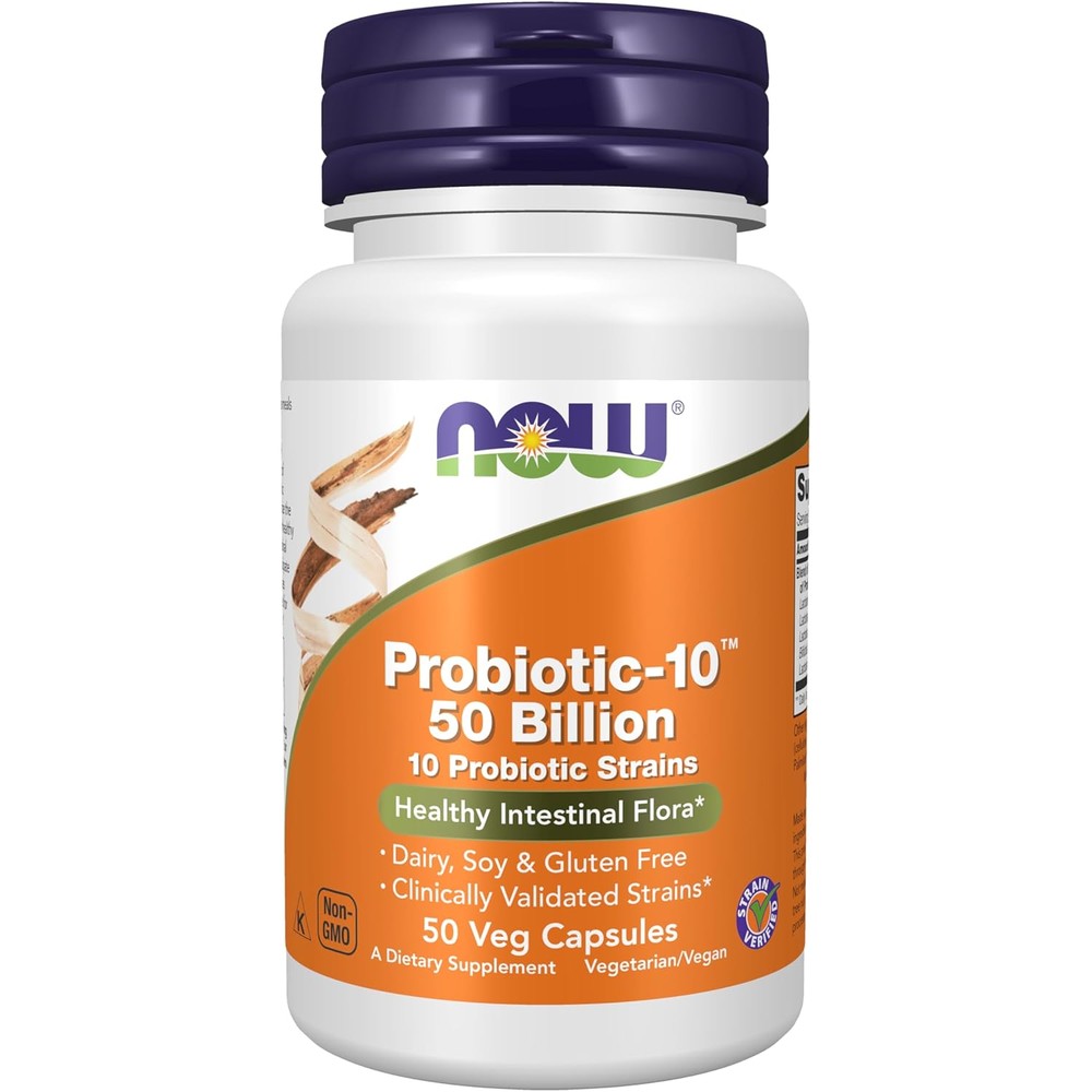 Now Foods Probiotic 10 50 Billion Fifty Vegetarian Capsules front bottle view for daily gut health.