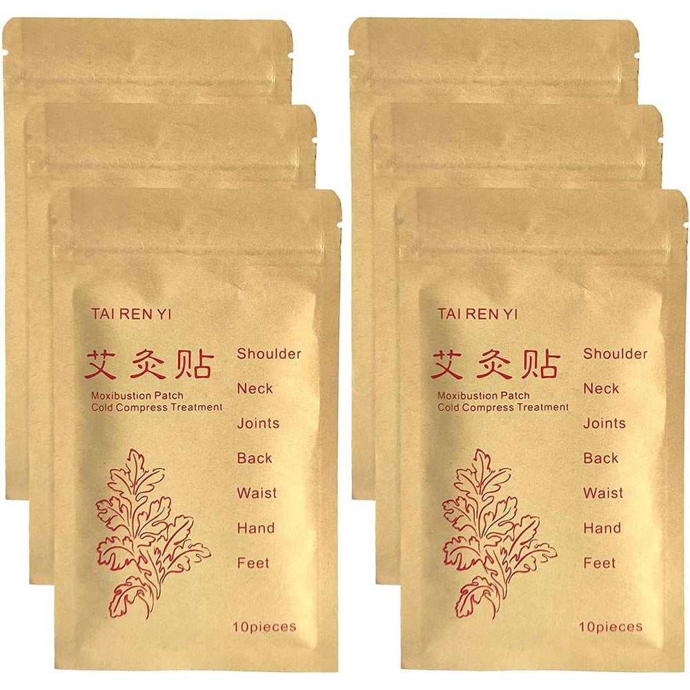 TAI REN YI 60pcs Muxibustion Patch Warm Plaster Moxa Sticker Chinese Mugwort Leaf Foot Pads Pain Relieve for Neck, Back, Knee, Waist, 7x10cm