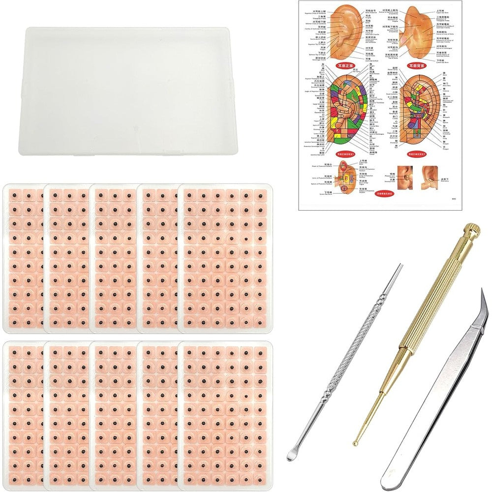Ear Seeds Acupuncture Kit 600 PcsEar Press Seeds with Acupuncture Needle Ear Points Chart Guide Tweezer for Beginners Relief Facial Tools