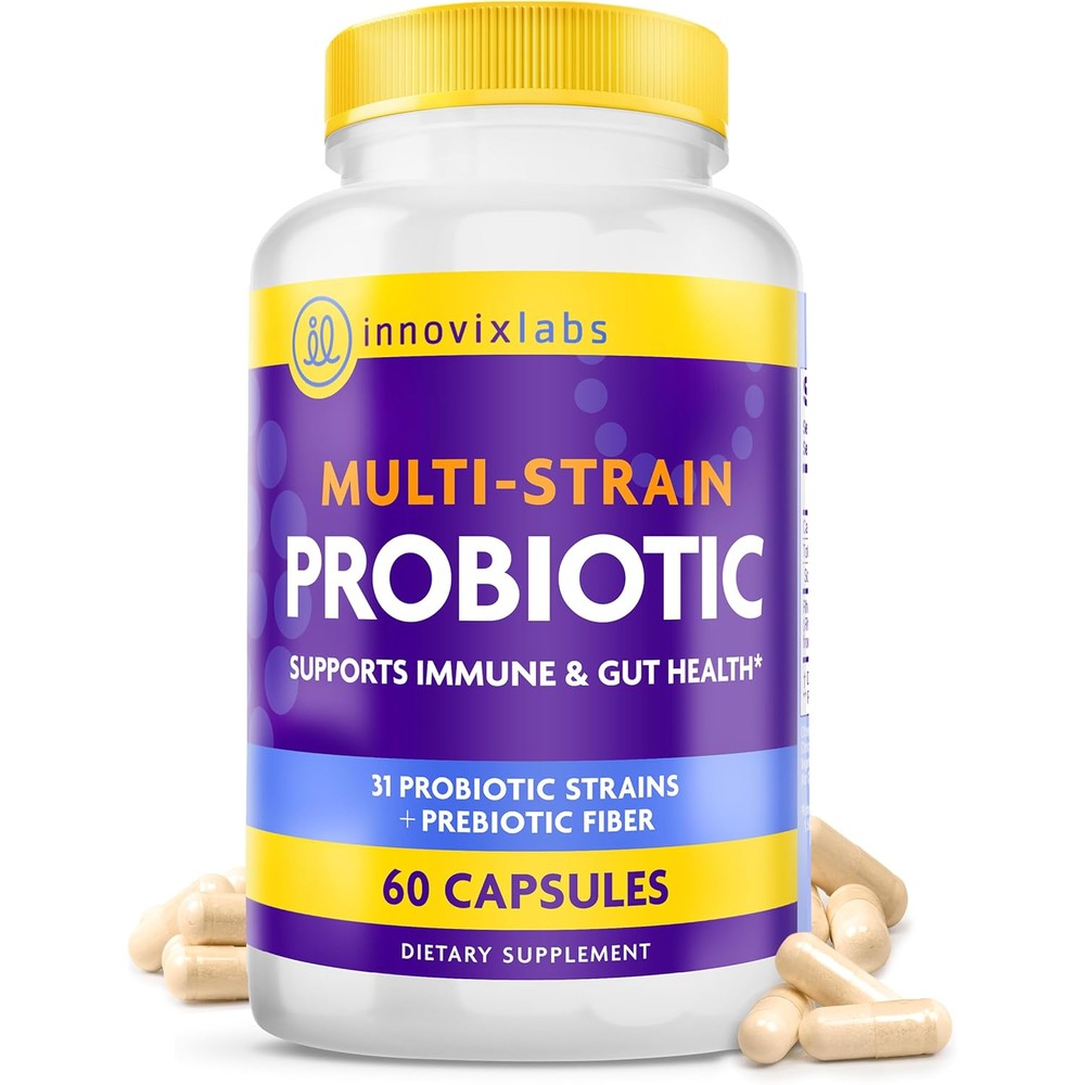 InnovixLabs Multi Strain Probiotics 60 capsules front view bottle showing 50 billion CFU digestive wellness supplement.