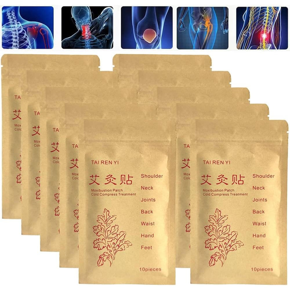 (100pcs) Moxibustion Patches 艾灸贴 Pure Nature Moxa Sticker Foot Pads Chinese Traditional Paste for Neck, Shoulder, Back, Waist, Hand, Feet, Joint, 7 * 10cm, Pack of 10