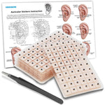 Hedigon Ear Seeds Auricular Sticker Kit front view showing 420 pieces and tweezers.