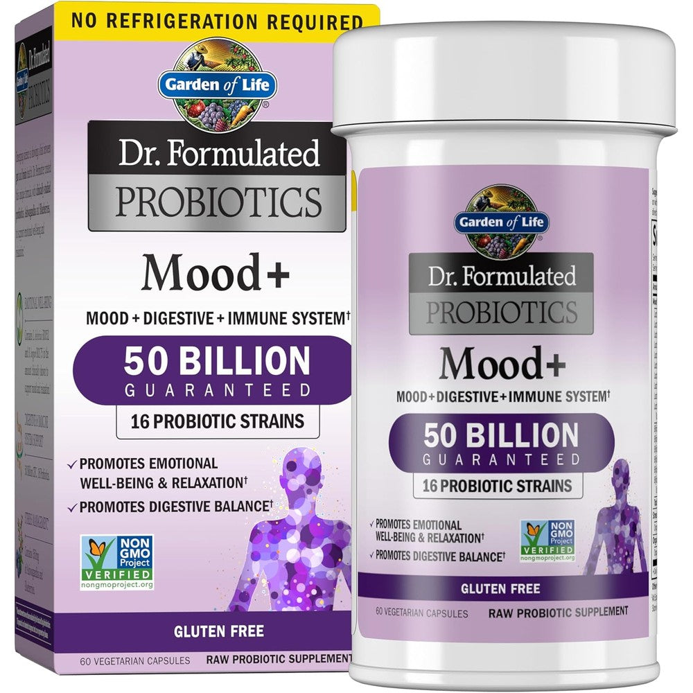 Garden of Life Dr Formulated Probiotics Mood Plus 60 capsules front view showing the product packaging for digestive health.