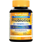 NewRhythm Probiotics fifty billion CFU sixty veggie capsules front view bottle showing premium digestive health supplement