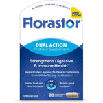 Florastor Dual Action Probiotics 20 Capsules front packaging view showing digestive and immune health supplement benefits.
