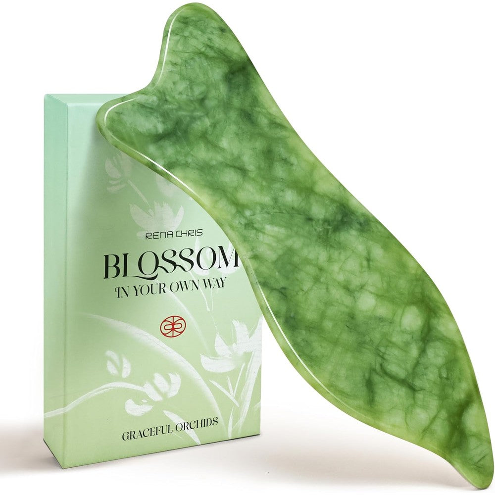 Rena Chris Natural Jade Gua Sha Facial Tools - Acupressure & Gua Sha for Face Massage, Jawline Sculpting, Puffiness Reduction, Skin Care Tool (Green)
