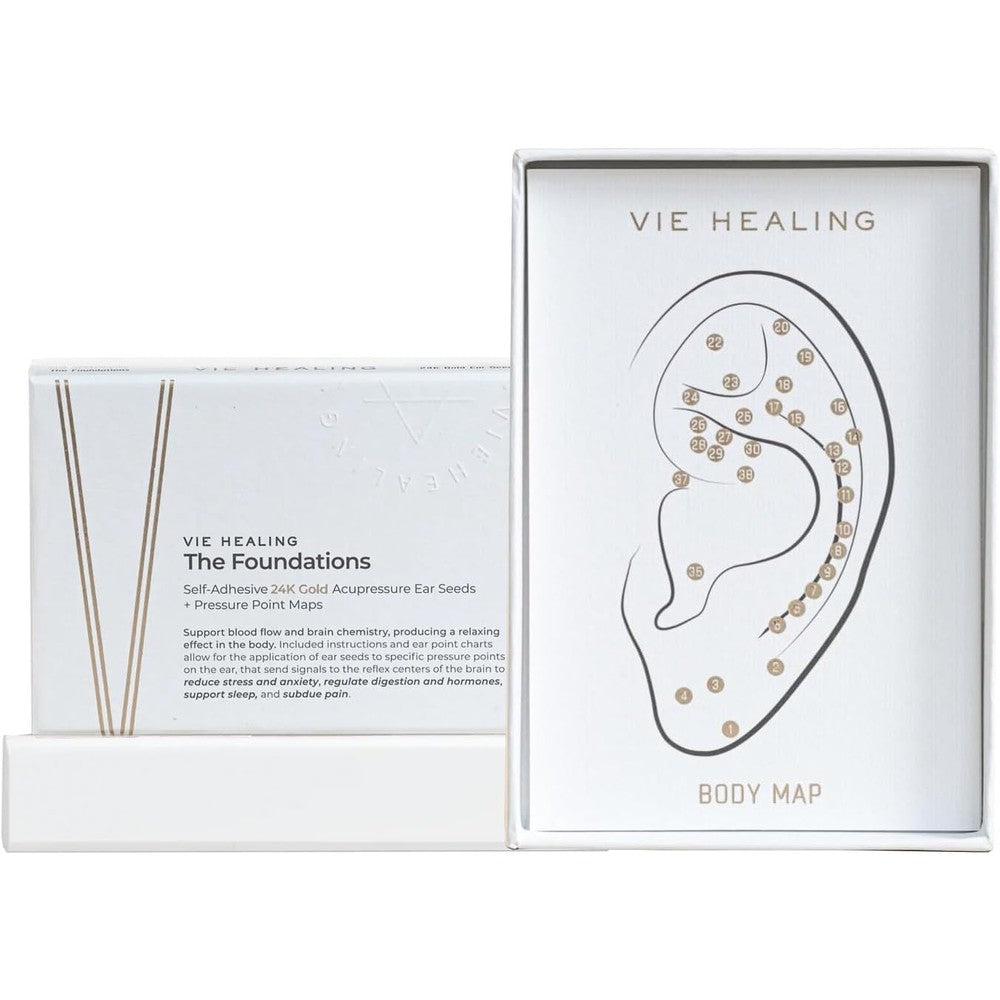 Vie Healing 24K Gold Ear Seeds - Acupressure Ear Seeds - Ear Seed Chart, Elegant Wellness & Style - Boost Relaxation, Support Well-Being - ACU Ear Seeds - Gold Ear Seeds - (The Foundations) - 20 pcs