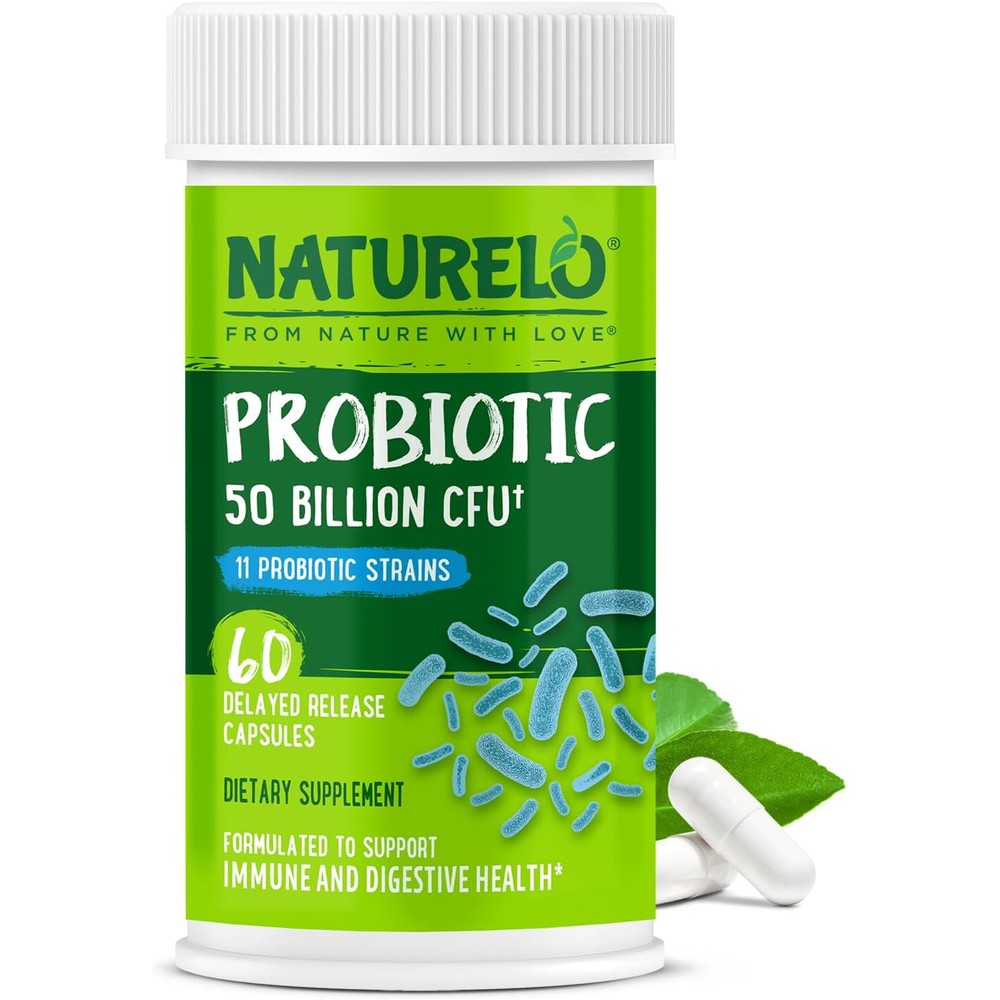 Naturelo Probiotics 50 Billion CFU supplement bottle front view for premium gut health