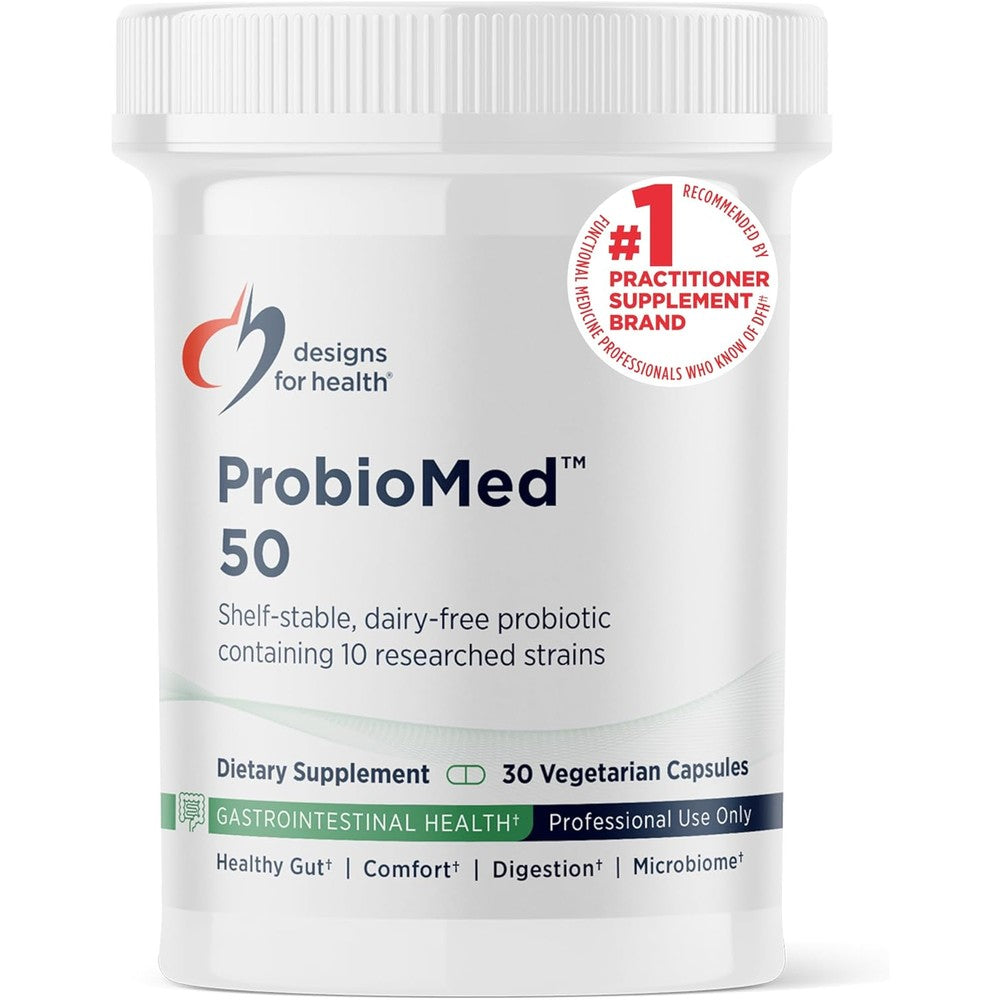Designs for Health ProbioMed 50 probiotics 30 capsules front view bottle showing shelf stable 50 billion CFU text