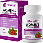 OMOGS Women's Organic Probiotic 90 tablets front view packaging showing 90 billion CFUs potency for immune and digestive health.