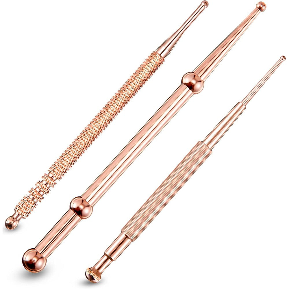 Nuanchu 3 Pieces Facial Reflexology Massage Tool Stainless Steel Manual Acupuncture Pen Retractable Acupuncture, Stainless Steel Double Headed Spring Loaded Ear and Body Point Probe Pen (Rose Gold)