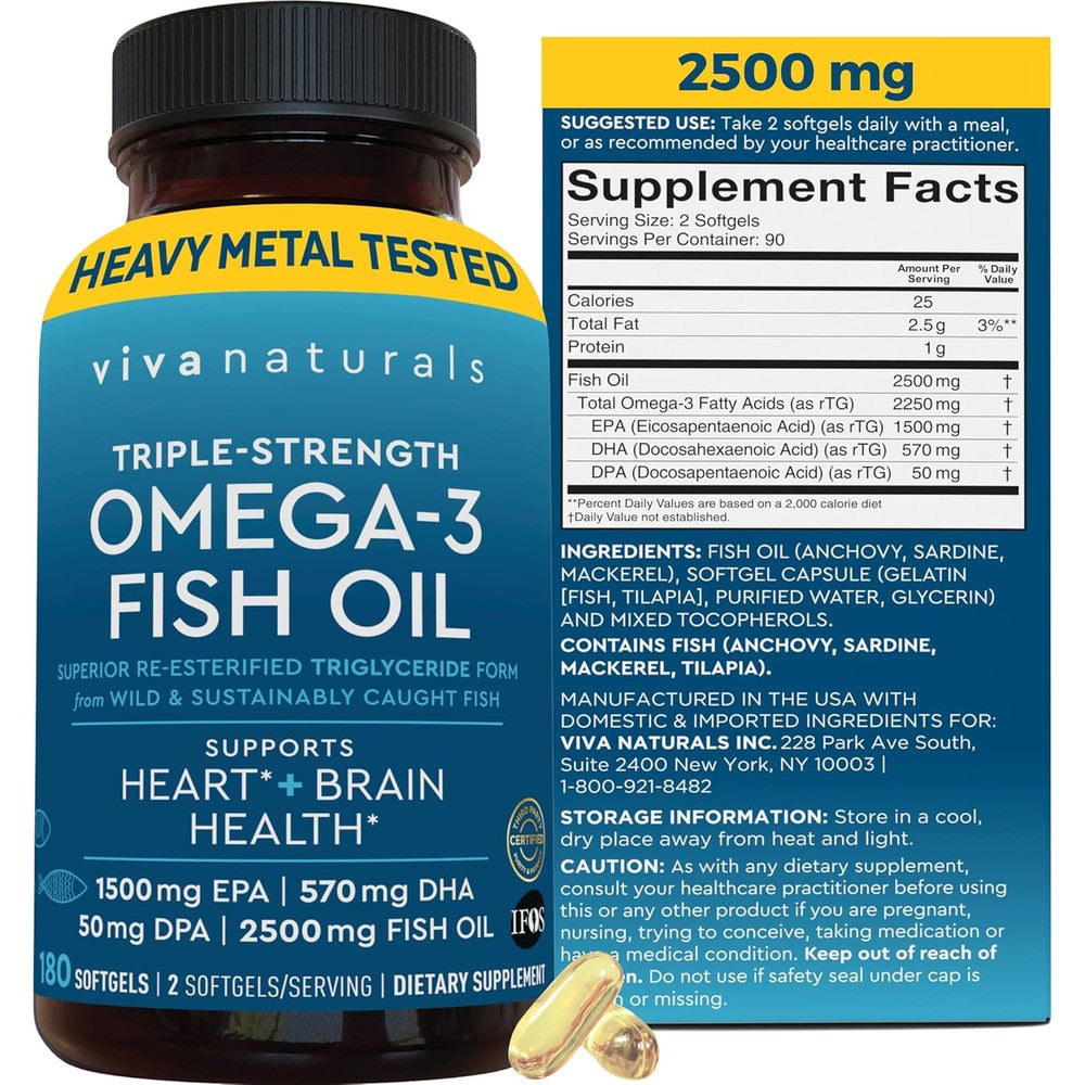 Viva Naturals Triple Strength Fish Oil 2500mg bottle front view