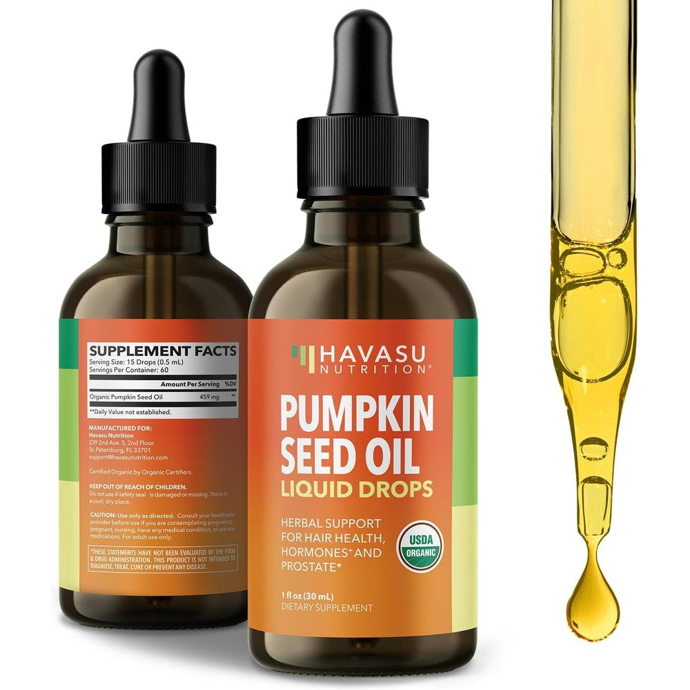 Havasu Nutrition Pumpkin Seed Oil liquid drops front view for hair and prostate health