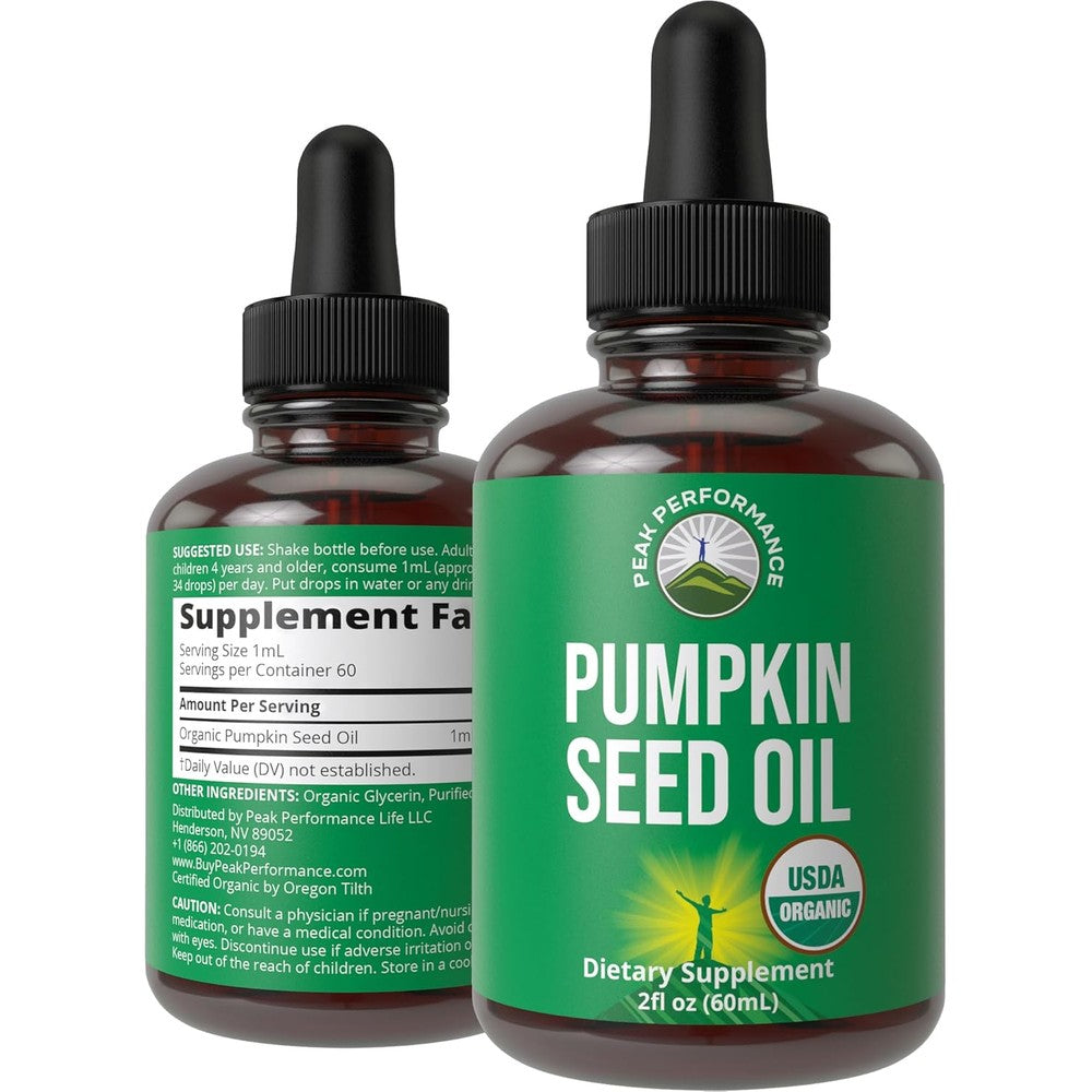 Peak Performance organic pumpkin seed oil liquid drops bottle front view