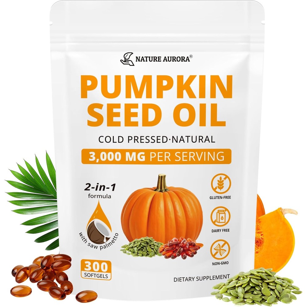 Nature Aurora Pumpkin Seed Oil and Saw Palmetto 300 softgels front view