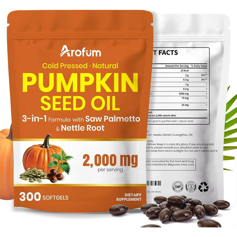 Arofum Pumpkin Seed Oil and Saw Palmetto 300 softgels bottle front view
