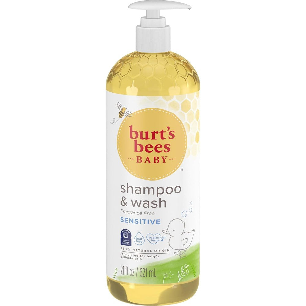 Burt's Bees Baby Sensitive Shampoo and Wash 621ml front view showing fragrance free packaging