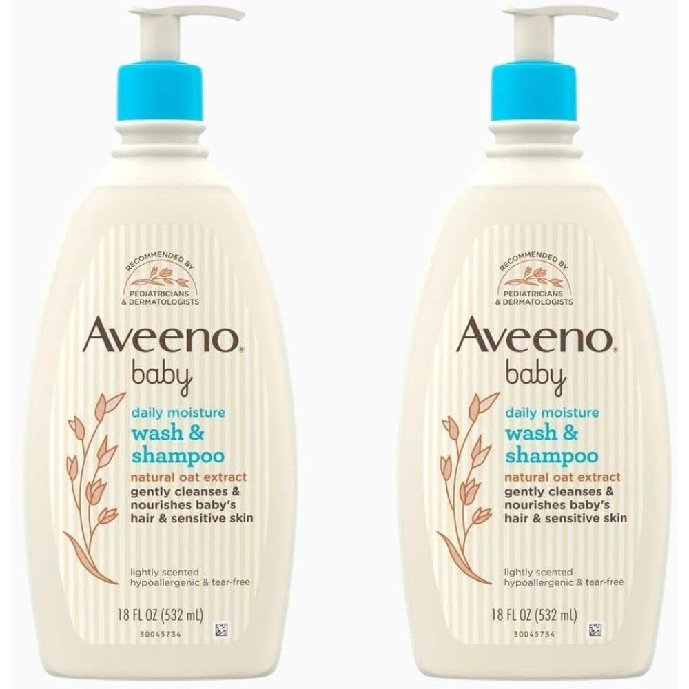 Aveeno Baby Wash and Shampoo 18 ounce pack of 2 front view showing natural oat extract label