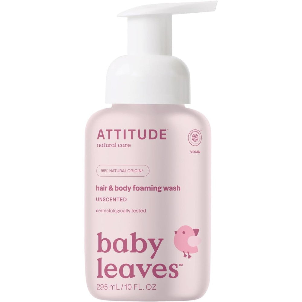 ATTITUDE 2 in 1 Hair and Body Foaming Baby Wash front view of 10 fluid ounce bottle
