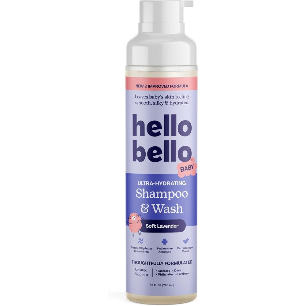 Hello Bello Ultra Hydrating Baby Shampoo and Body Wash lavender bottle front view for sensitive skin care.