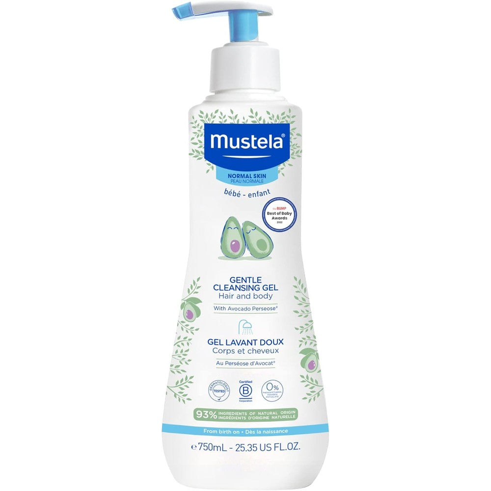 Mustela Baby Gentle Cleansing Gel front view 750ml bottle for newborn bath care.