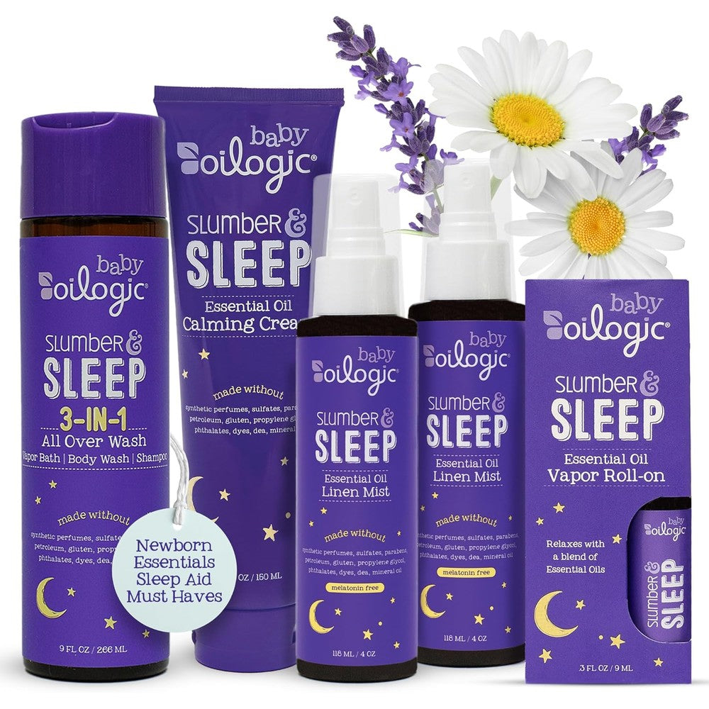 Oilogic Slumber and Sleep Bath Baby Essentials Gift Set front view showing four products for baby sleep routine.
