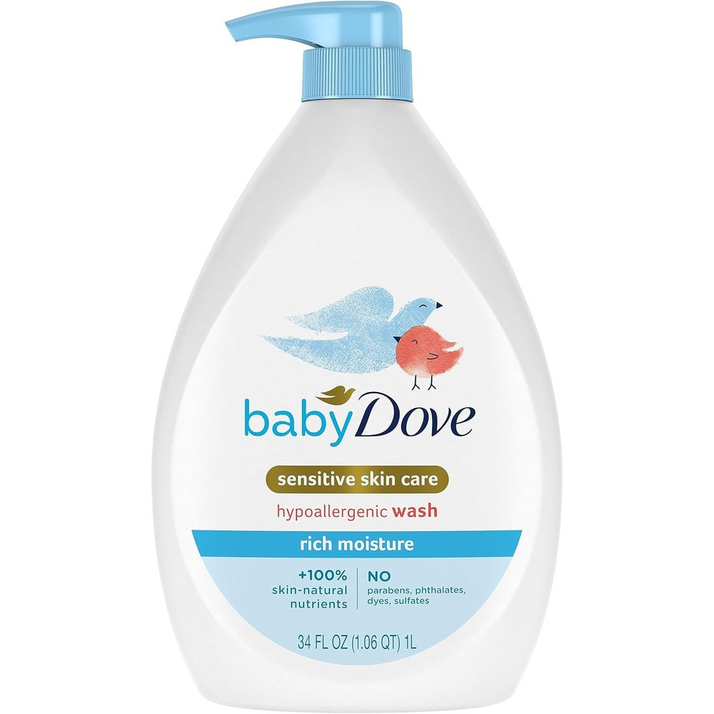 Baby Dove Sensitive Skin Hydrating Body Wash 34 ounce front view for gentle baby bath.