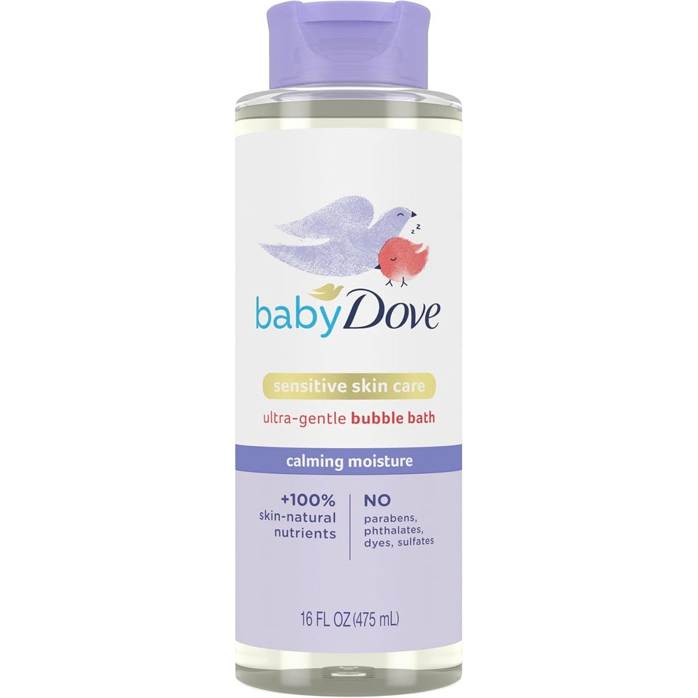 Baby Dove Calming Moisture Bubble Bath front view for sensitive skin care.