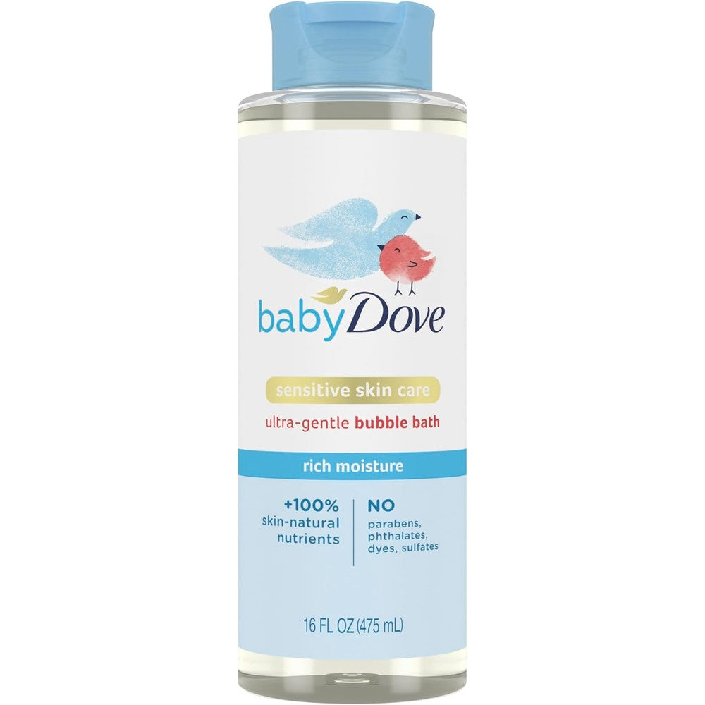 Baby Dove Rich Moisture Bubble Bath 16 Ounce front bottle view showing blue and white packaging.