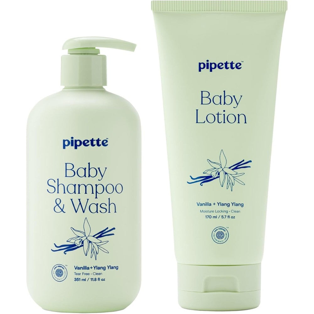 Pipette Vanilla Ylang Ylang Wash and Lotion Duo front view for baby skincare.