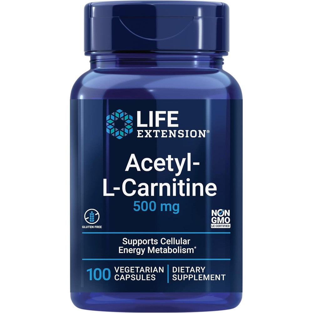 Life Extension Acetyl L Carnitine 500mg 100 capsules front view showing authentic product label