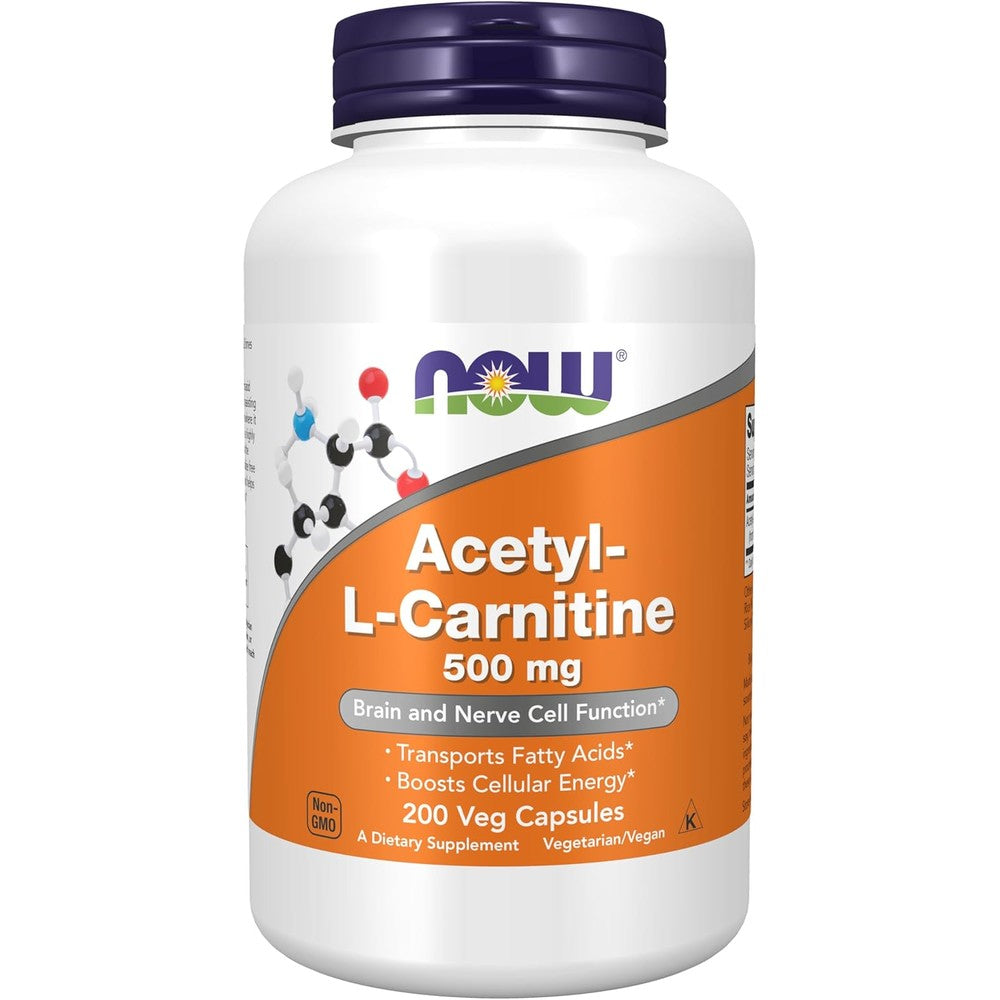 NOW Foods Acetyl-L Carnitine 500 mg 200 Veg Capsules front label showing brain support benefits.