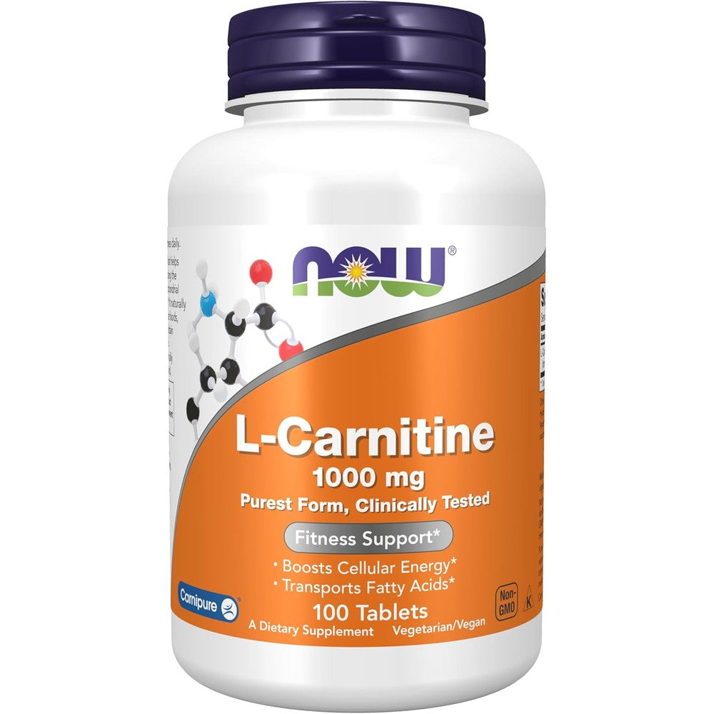 NOW Foods L-Carnitine 1000mg 100 Tablets front view showing fitness support label