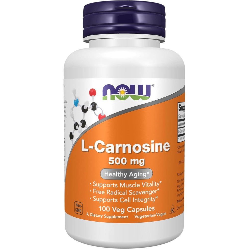 NOW Foods L-Carnosine 500 mg 100 Vegetarian Capsules front bottle view for healthy aging supplement