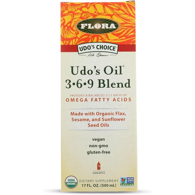 Flora - Udo's Choice Omega 369 Oil Blend, Made with Organic Flax, Sesame & Sunflower Seed Oils, Plant-Based Vegan Omega Fatty Acids, Based on Ideal 2:1:1 Ratio, 17-fl, oz. Glass Bottle