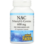 Natural Factors N-Acetyl-L-Cysteine 600 mg bottle front view for antioxidant support.