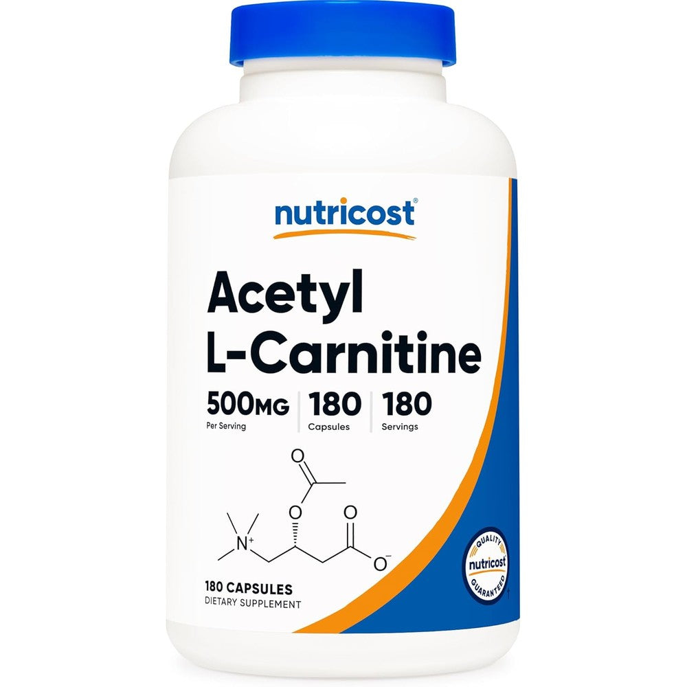 Nutricost Acetyl L-Carnitine 500mg 180 capsules front view bottle showing premium dietary supplement label.