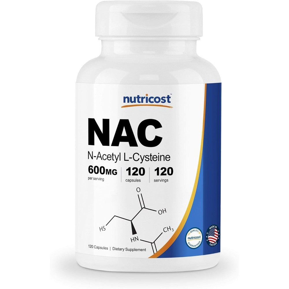 Nutricost N-Acetyl L-Cysteine NAC 600mg bottle front view showing 120 vegetarian capsules for antioxidant support.