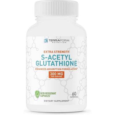 TerraForm Nutrition Extra Strength S-Acetyl Glutathione 300mg – 60 Acid-Resistant Capsules - Premium Glutathione Supplement - Highly Bioavailable & Stable Form SAG Supplement – Made in USA