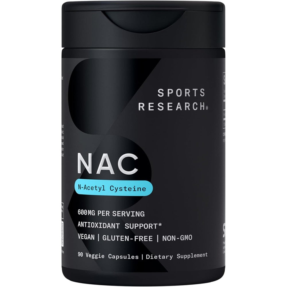 Sports Research N-Acetyl L-Cysteine NAC 600mg front bottle view for antioxidant defense.