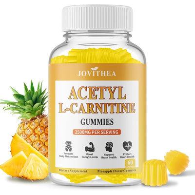 Acetyl L-Carnitine Gummies Sugar Free, Premium L-Carnitine Supplement for Women & Men, ALCAR Supplement for Energy, Muscle, Focus & Brain Support, Gluten-Free, Non-GMO, Vegan, Pineapple Flavor, 60 Ct