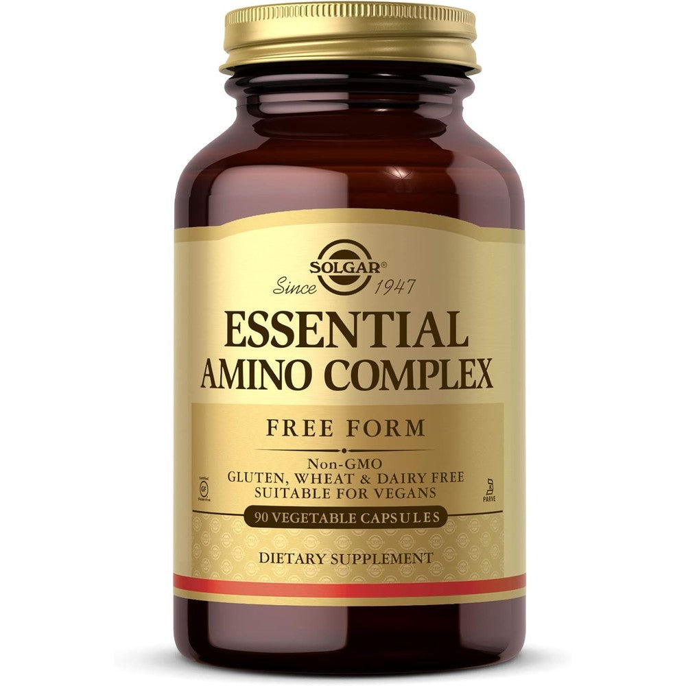 Solgar Essential Amino Complex 90 vegetable capsules front view bottle showing free form blend for muscle recovery.